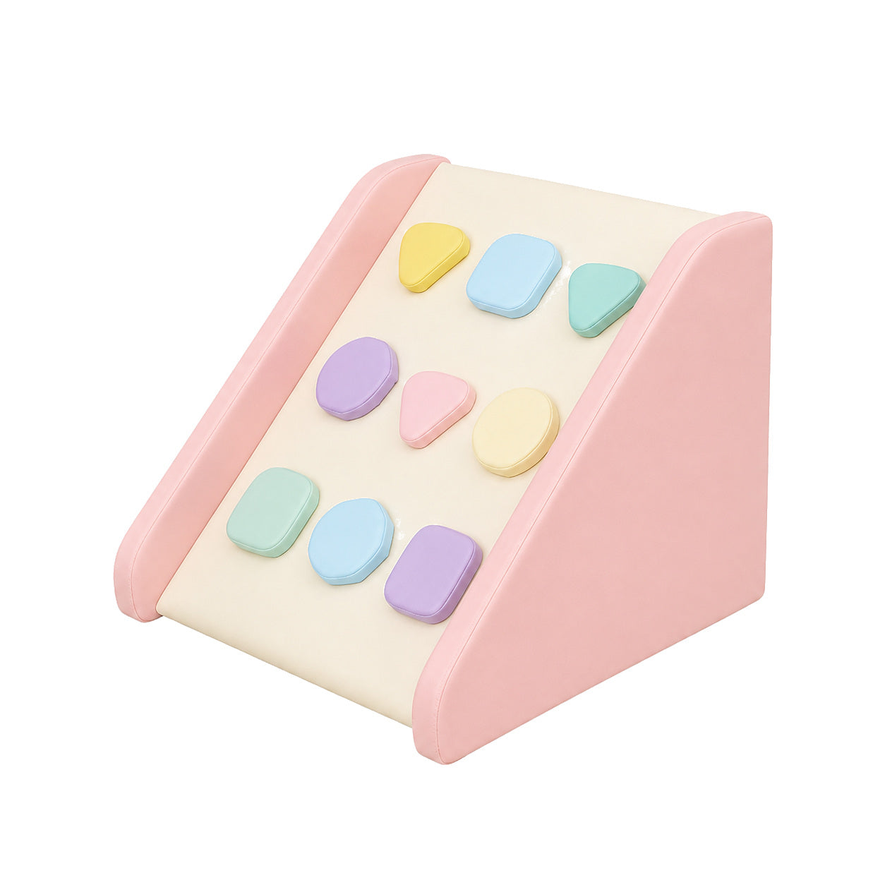 Soft play climbing ramp with padded handholds in macaron colors