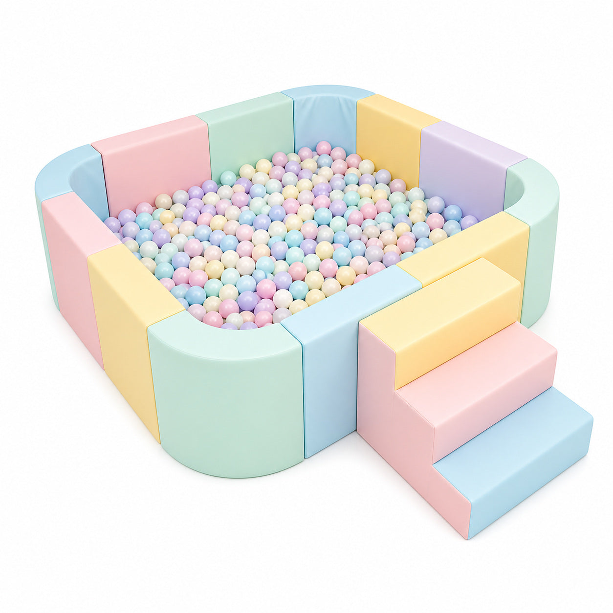 Rounded-Square Ball Pit + Three-Step Stairs commercial soft play ball pit in macaron colors