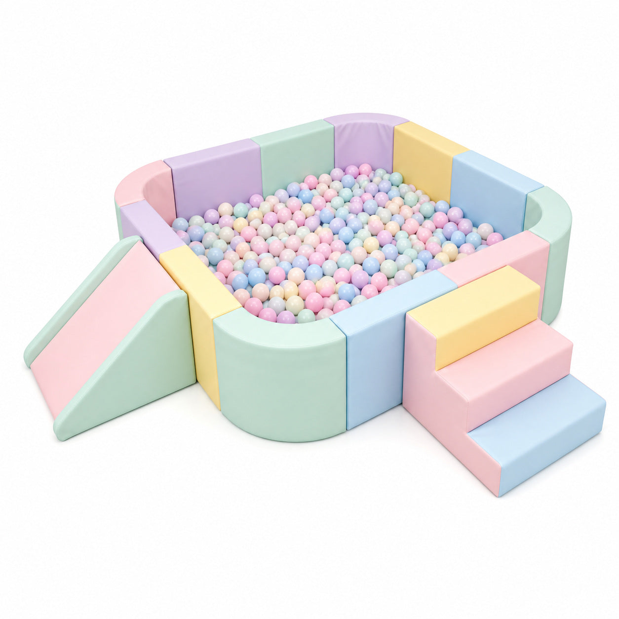 Rounded-Square Ball Pit + Stairs + Wedge Slide commercial soft play ball pit in macaron colors
