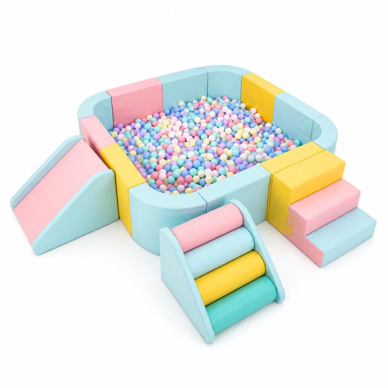 Rounded-Square Ball Pit + Stairs + Slide + Roller commercial soft play ball pit in macaron colors