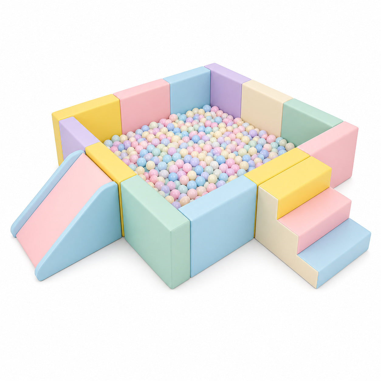 Square Ball Pit + Stairs + Wedge Slide commercial soft play ball pit in macaron colors