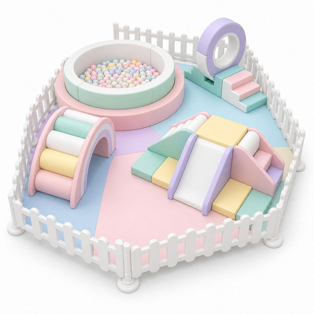 Elevated alternate view of macaron four-zone soft play set with complete white fence