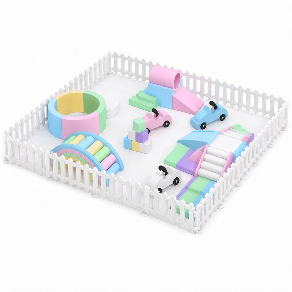 Elevated alternate view of macaron six-zone soft play set with complete white fence