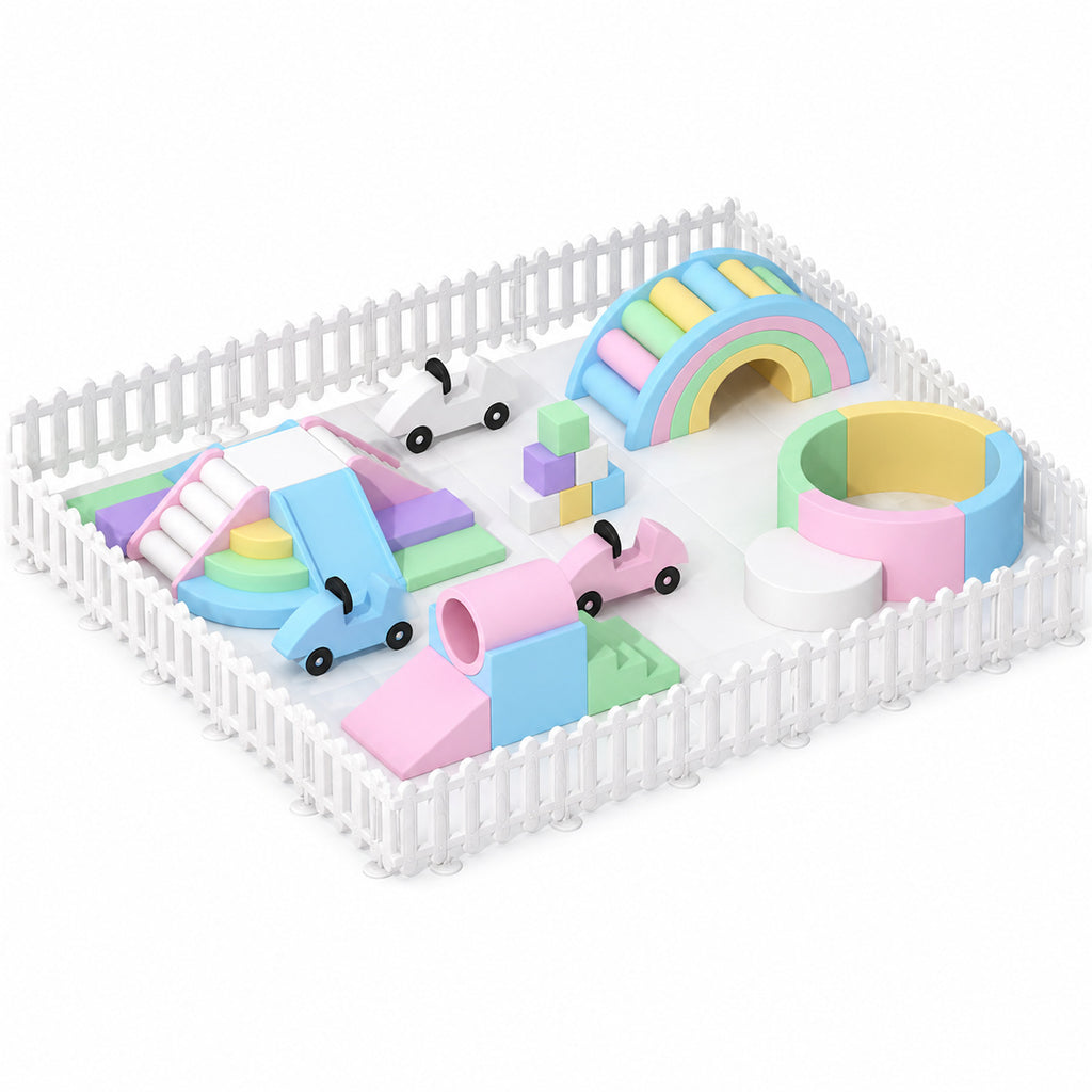 Macaron six-zone commercial soft play activity set with white safety fence