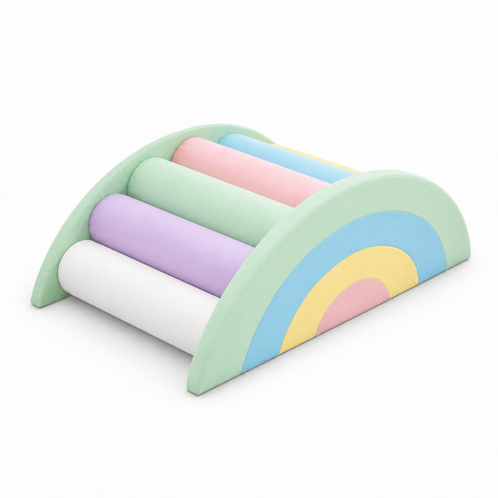 Alternate angle of macaron rainbow roller bridge and soft play climber