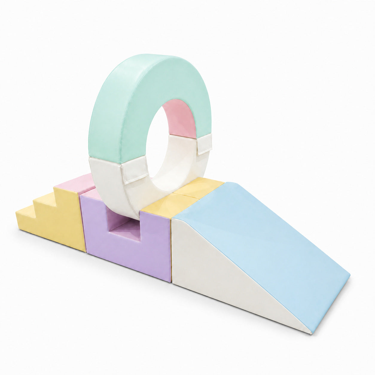Alternate angle of macaron ring crawl-through obstacle with ramp and steps