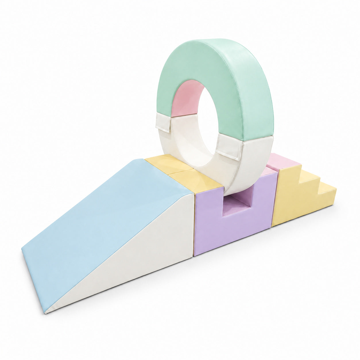 Macaron ring crawl-through soft play obstacle with ramp and steps on white background