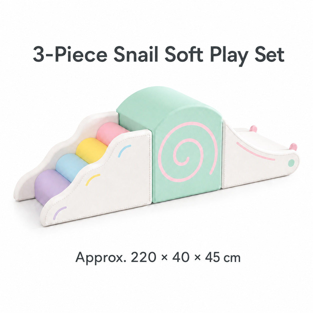 English size guide for three-piece macaron snail soft play set